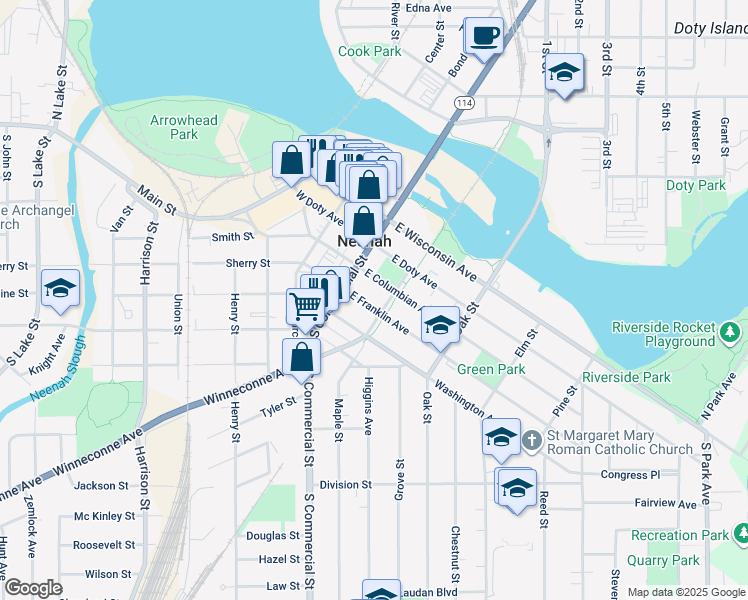 map of restaurants, bars, coffee shops, grocery stores, and more near 120 East Franklin Avenue in Neenah