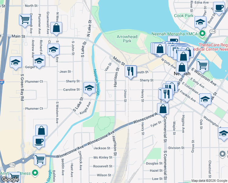 map of restaurants, bars, coffee shops, grocery stores, and more near 512 Caroline Street in Neenah