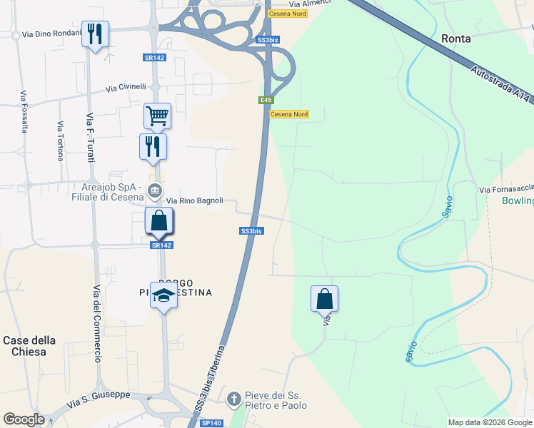 map of restaurants, bars, coffee shops, grocery stores, and more near 615 Via Rino Bagnoli in Cesena