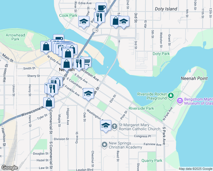 map of restaurants, bars, coffee shops, grocery stores, and more near 331 East Wisconsin Avenue in Neenah