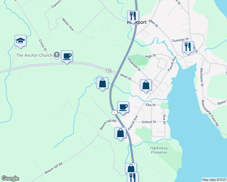 map of restaurants, bars, coffee shops, grocery stores, and more near 242 Commercial Street in Rockport
