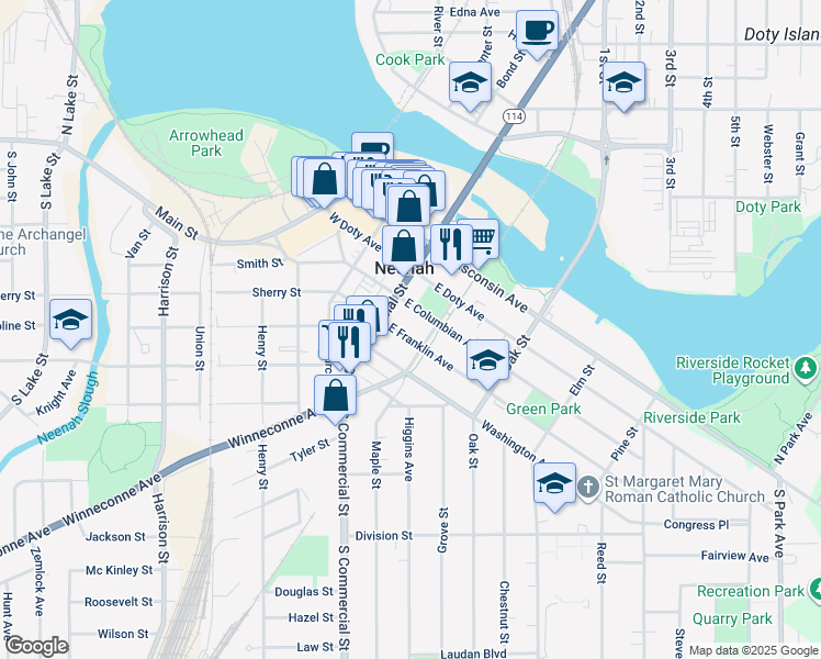 map of restaurants, bars, coffee shops, grocery stores, and more near 120 East Franklin Avenue in Neenah