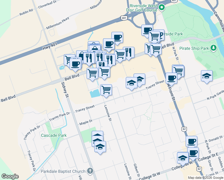 map of restaurants, bars, coffee shops, grocery stores, and more near 31 Springbrook Crescent in Belleville