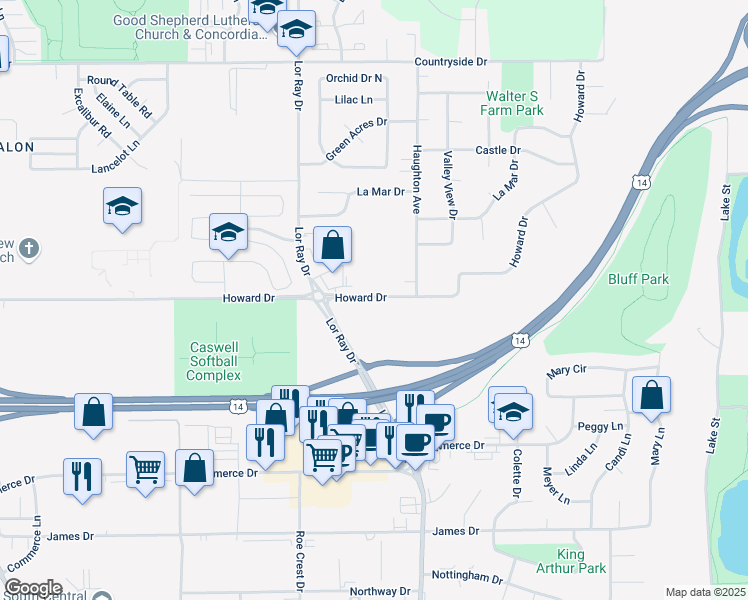 map of restaurants, bars, coffee shops, grocery stores, and more near 1977 Howard Dr in North Mankato