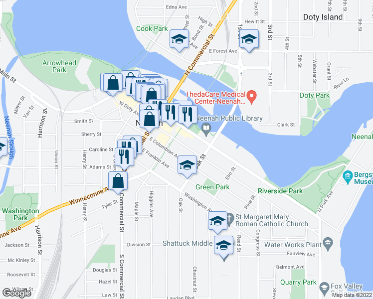 map of restaurants, bars, coffee shops, grocery stores, and more near 251 East Doty Avenue in Neenah