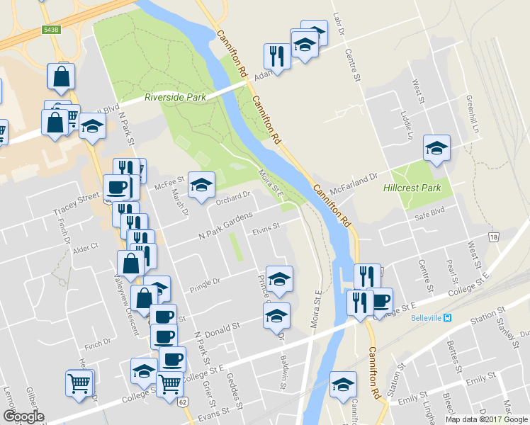 map of restaurants, bars, coffee shops, grocery stores, and more near 75 North Park Gardens in Belleville
