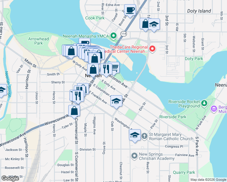 map of restaurants, bars, coffee shops, grocery stores, and more near 229 East Doty Avenue in Neenah