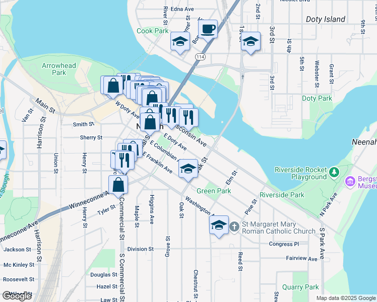 map of restaurants, bars, coffee shops, grocery stores, and more near 251 East Doty Avenue in Neenah