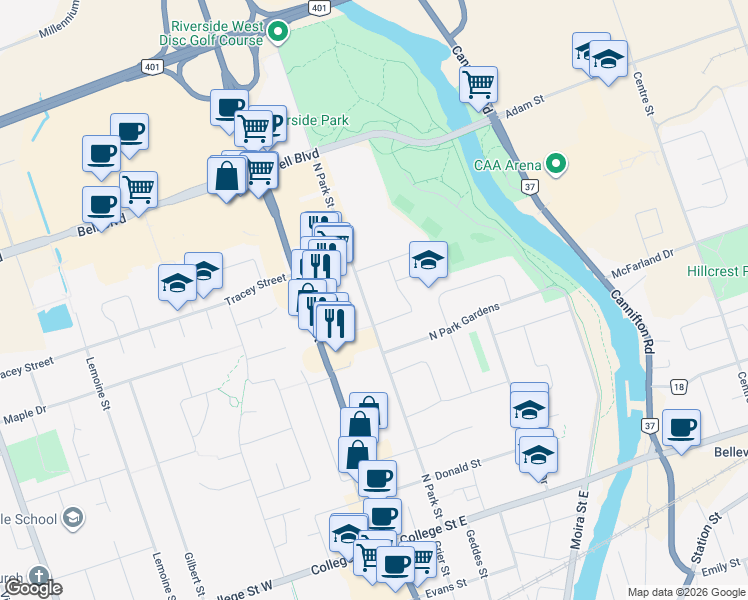 map of restaurants, bars, coffee shops, grocery stores, and more near 149 North Park Street in Belleville