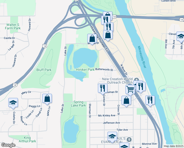map of restaurants, bars, coffee shops, grocery stores, and more near 241 Butterworth Street in Mankato