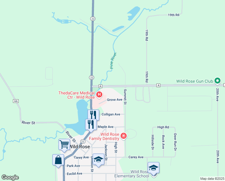 map of restaurants, bars, coffee shops, grocery stores, and more near 718 County Road A in Wild Rose