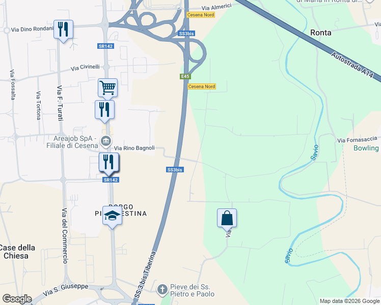 map of restaurants, bars, coffee shops, grocery stores, and more near 615 Via Rino Bagnoli in Cesena