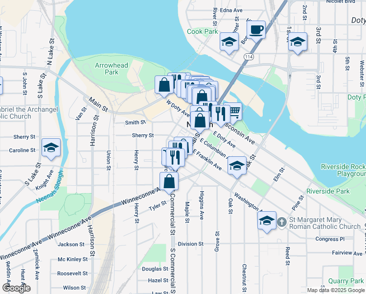 map of restaurants, bars, coffee shops, grocery stores, and more near 415 South Commercial Street in Neenah