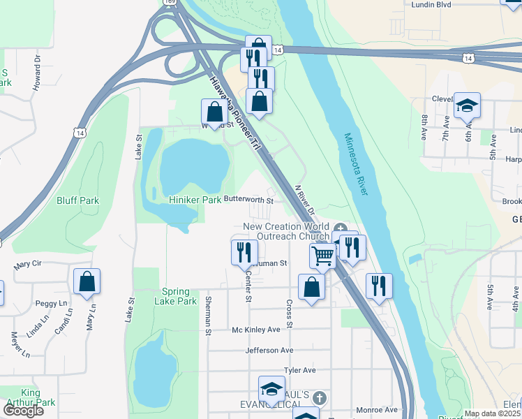 map of restaurants, bars, coffee shops, grocery stores, and more near 107 Butterworth Street in Mankato