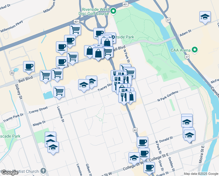 map of restaurants, bars, coffee shops, grocery stores, and more near 135 Tracey Street in Belleville