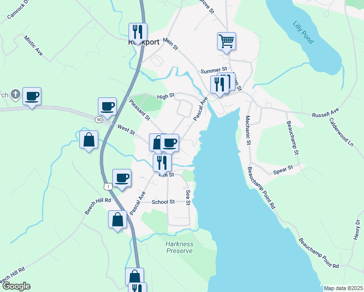 map of restaurants, bars, coffee shops, grocery stores, and more near in Rockport