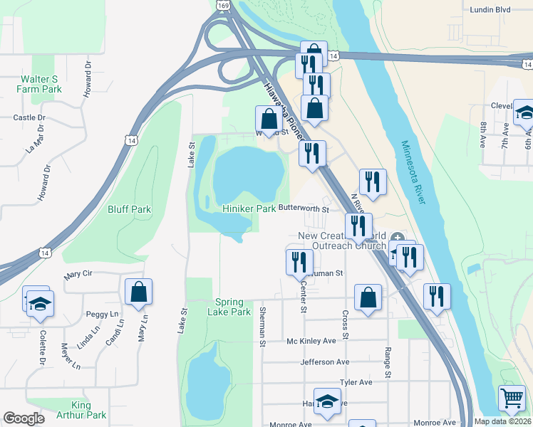 map of restaurants, bars, coffee shops, grocery stores, and more near 271 Butterworth Street in Mankato
