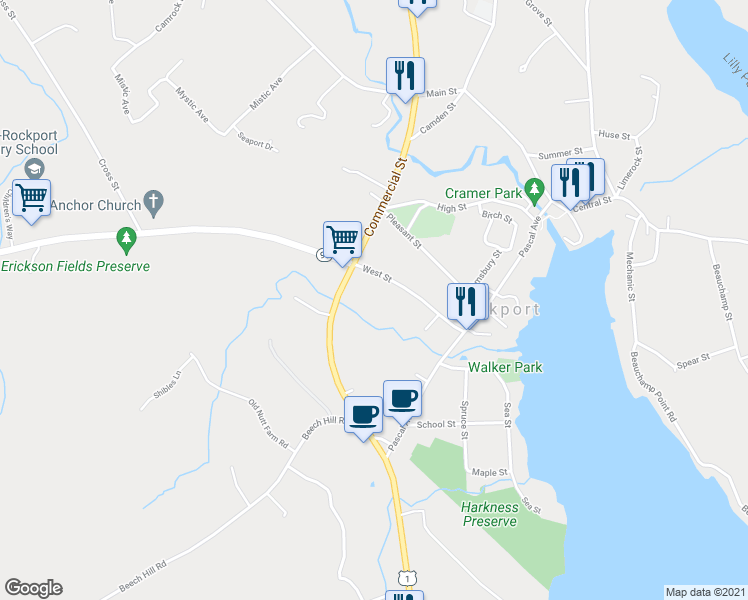 map of restaurants, bars, coffee shops, grocery stores, and more near 40 West Street in Rockport