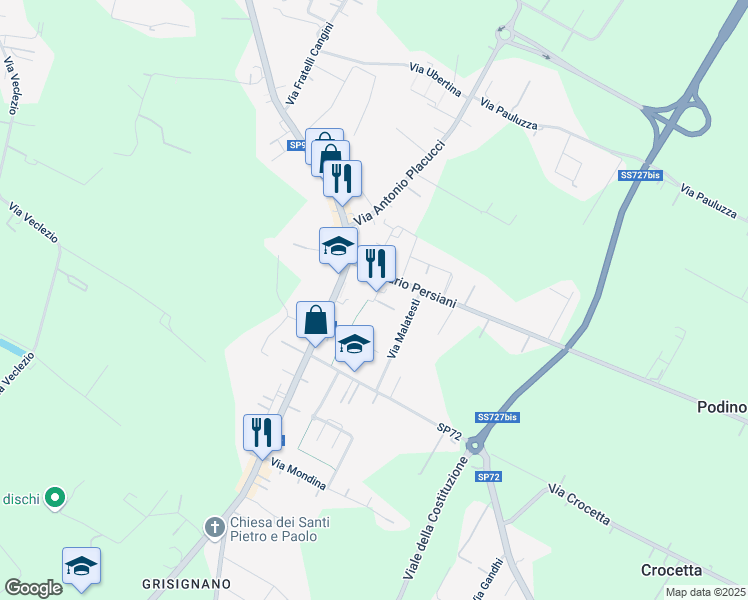 map of restaurants, bars, coffee shops, grocery stores, and more near 492 Viale dell'Appennino in Forlì