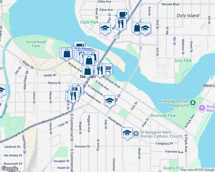 map of restaurants, bars, coffee shops, grocery stores, and more near 202 East Wisconsin Avenue in Neenah