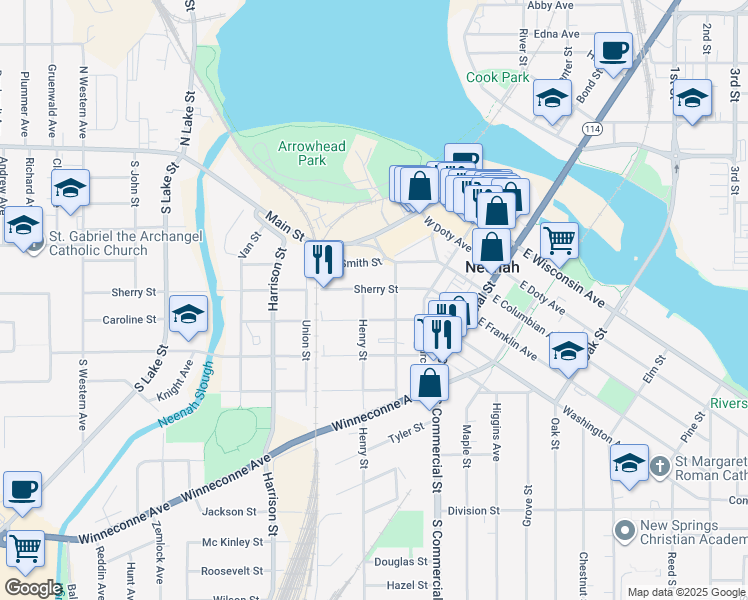 map of restaurants, bars, coffee shops, grocery stores, and more near in Neenah