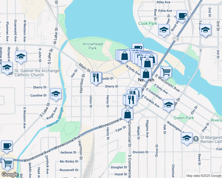 map of restaurants, bars, coffee shops, grocery stores, and more near 311 Isabella Street in Neenah
