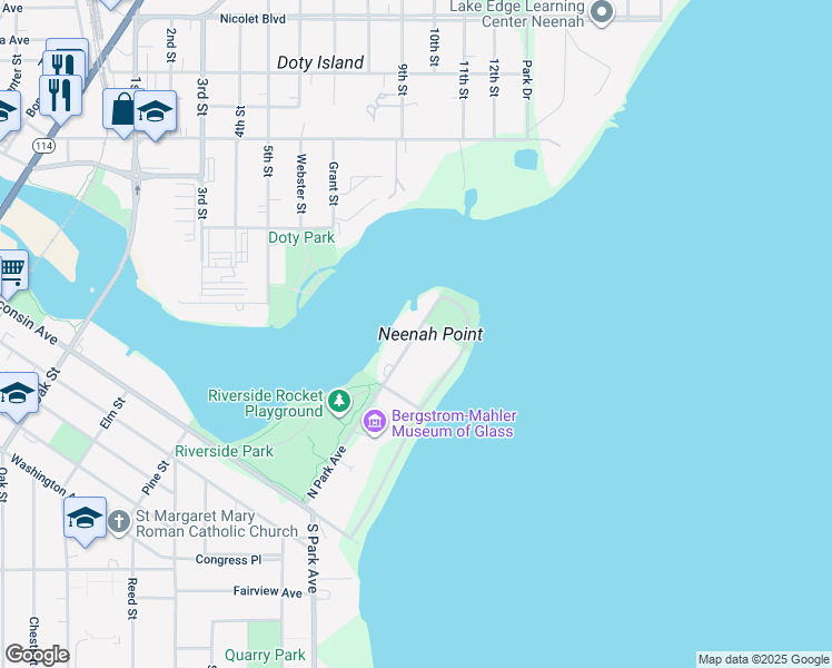 map of restaurants, bars, coffee shops, grocery stores, and more near 256 North Park Avenue in Neenah