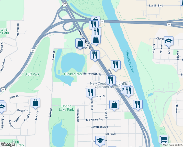 map of restaurants, bars, coffee shops, grocery stores, and more near 199 Butterworth Street in Mankato