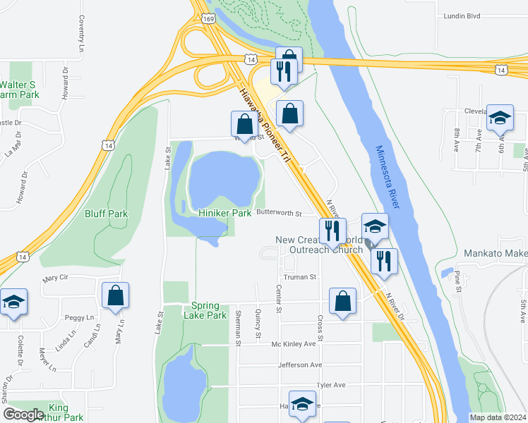 map of restaurants, bars, coffee shops, grocery stores, and more near 1247 Range Street in Mankato