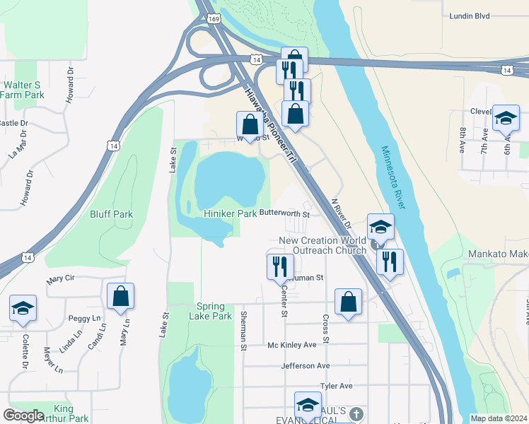 map of restaurants, bars, coffee shops, grocery stores, and more near 261 Butterworth Street in Mankato