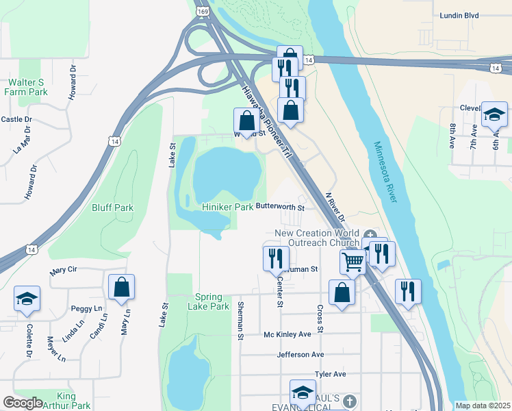 map of restaurants, bars, coffee shops, grocery stores, and more near 261 Butterworth Street in Mankato