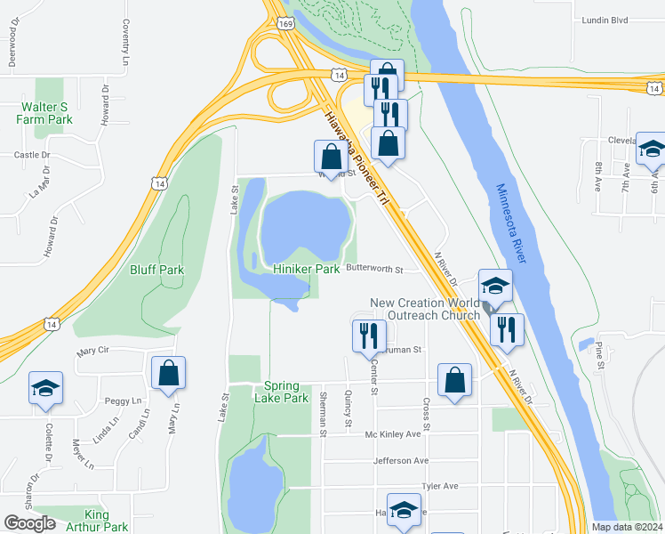 map of restaurants, bars, coffee shops, grocery stores, and more near 261 Butterworth Street in Mankato
