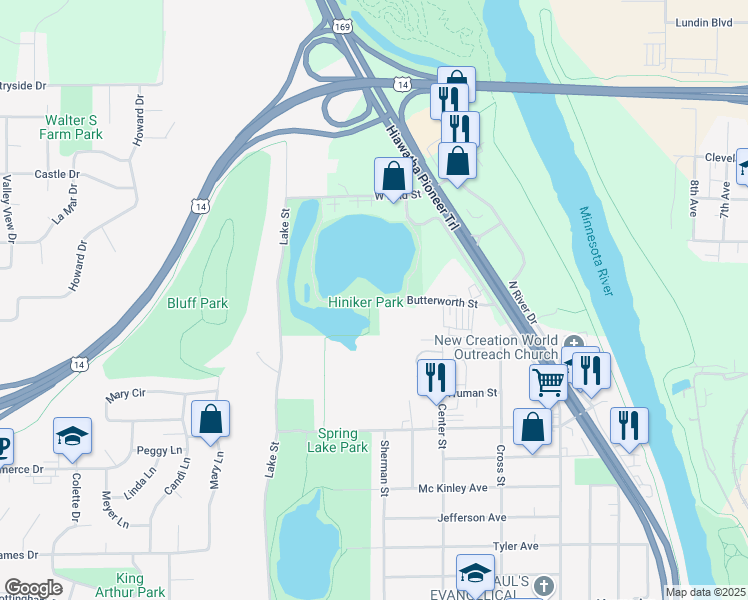 map of restaurants, bars, coffee shops, grocery stores, and more near 107 Butterworth Street in Mankato