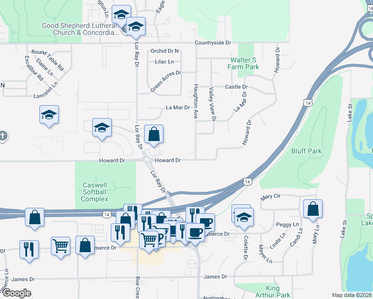 map of restaurants, bars, coffee shops, grocery stores, and more near 1919 Haughton Avenue in North Mankato