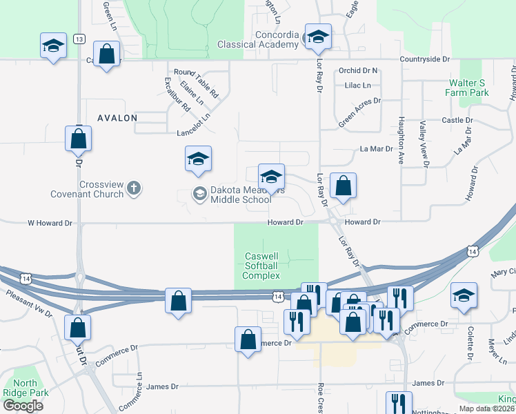 map of restaurants, bars, coffee shops, grocery stores, and more near 341 Kingsway Drive in North Mankato