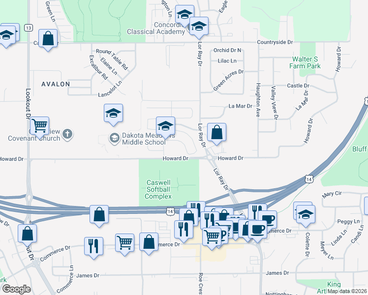 map of restaurants, bars, coffee shops, grocery stores, and more near 237 Kingsway Drive in North Mankato