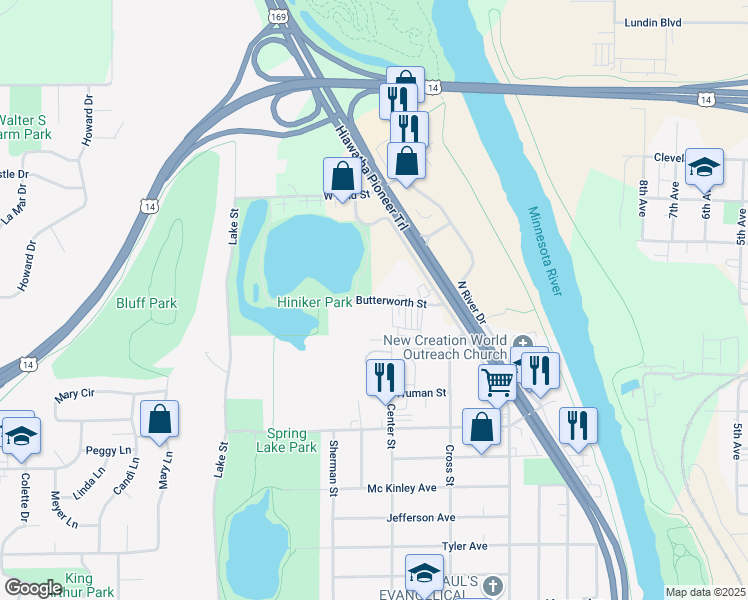 map of restaurants, bars, coffee shops, grocery stores, and more near 221 Butterworth Street in Mankato