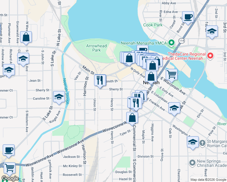 map of restaurants, bars, coffee shops, grocery stores, and more near 320 Sherry Street in Neenah