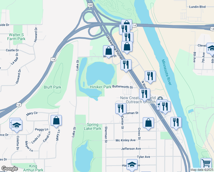 map of restaurants, bars, coffee shops, grocery stores, and more near 261 Butterworth Street in Mankato