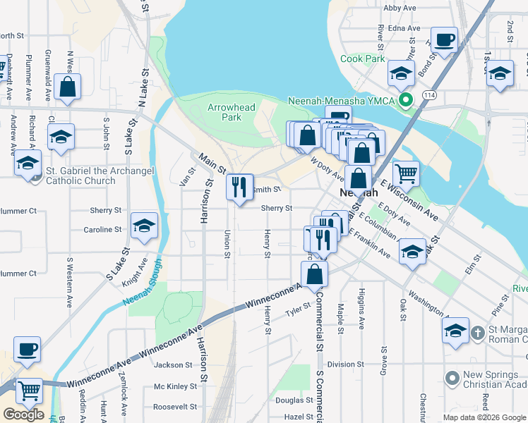 map of restaurants, bars, coffee shops, grocery stores, and more near 405 Sherry Street in Neenah