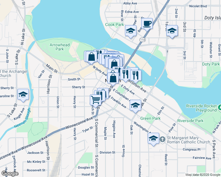 map of restaurants, bars, coffee shops, grocery stores, and more near 307 South Commercial Street in Neenah
