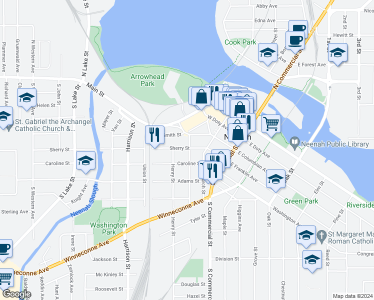 map of restaurants, bars, coffee shops, grocery stores, and more near 314 Sherry Street in Neenah