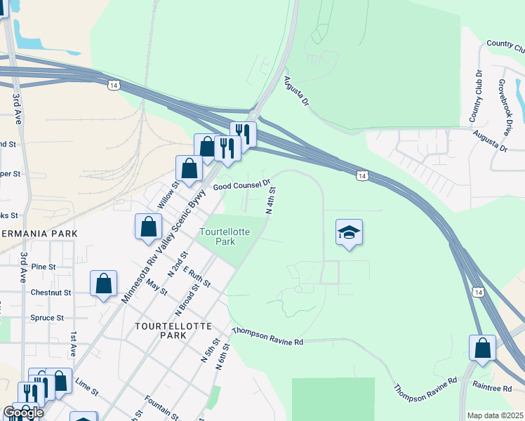 map of restaurants, bars, coffee shops, grocery stores, and more near 2036 North 4th Street in Mankato