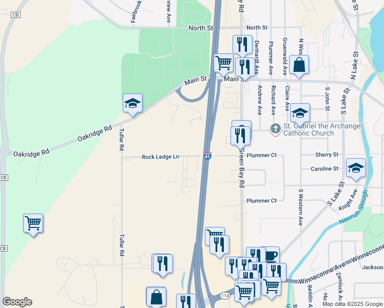map of restaurants, bars, coffee shops, grocery stores, and more near 1007 Rock Ledge Lane in Neenah