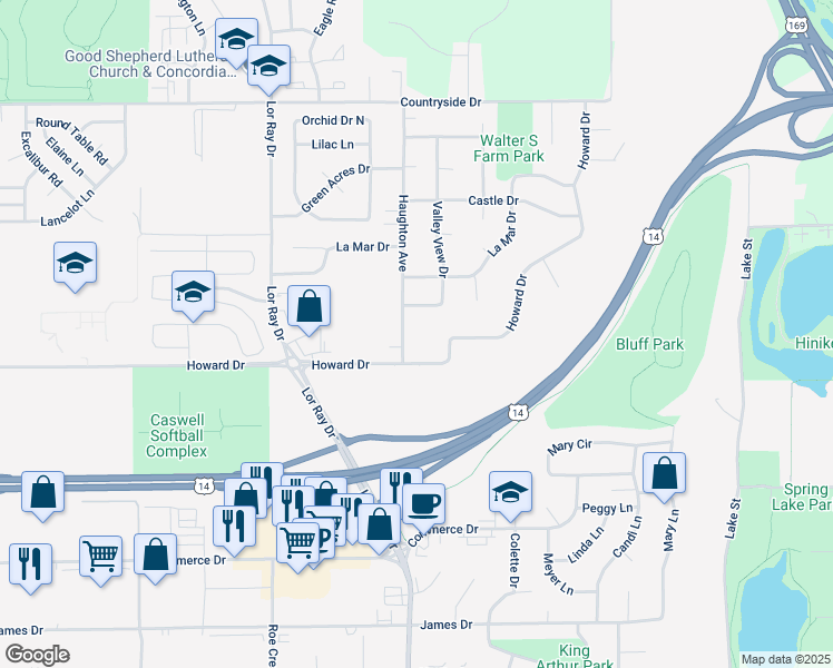 map of restaurants, bars, coffee shops, grocery stores, and more near 1930 Haughton Avenue in North Mankato