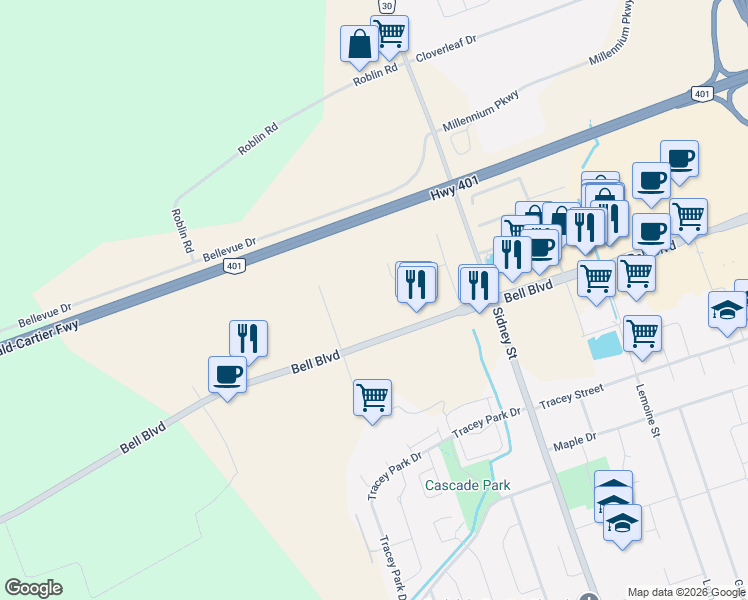 map of restaurants, bars, coffee shops, grocery stores, and more near 85 Davy Road in Belleville