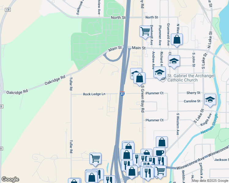 map of restaurants, bars, coffee shops, grocery stores, and more near 1007 Rock Ledge Lane in Neenah
