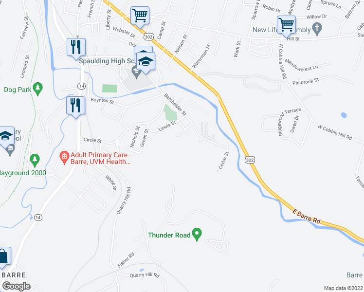 map of restaurants, bars, coffee shops, grocery stores, and more near 29 Paddock Street in Barre