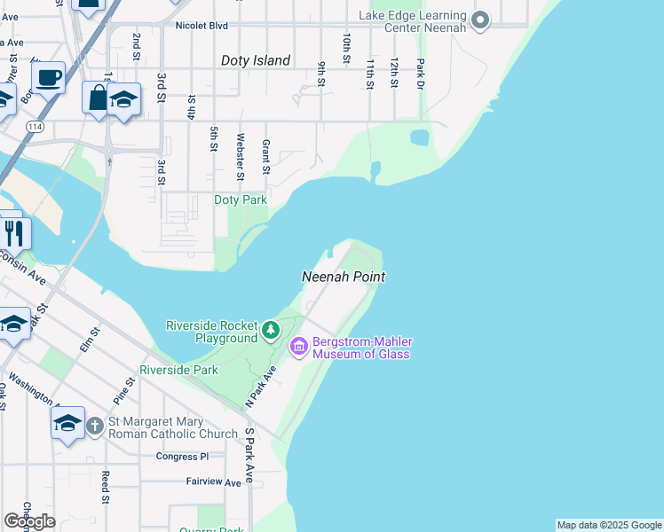 map of restaurants, bars, coffee shops, grocery stores, and more near 256 North Park Avenue in Neenah
