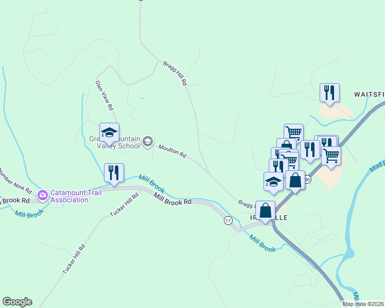 map of restaurants, bars, coffee shops, grocery stores, and more near 74 Moulton Road in Waitsfield